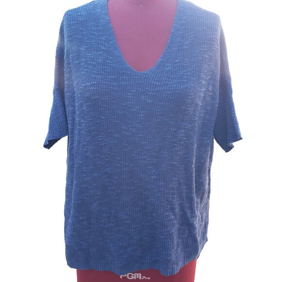 Eileen Fisher Sweater Blue Linen Knit V Neck Short Dolman Sleeve Hi Low Small - Picture 1 of 7